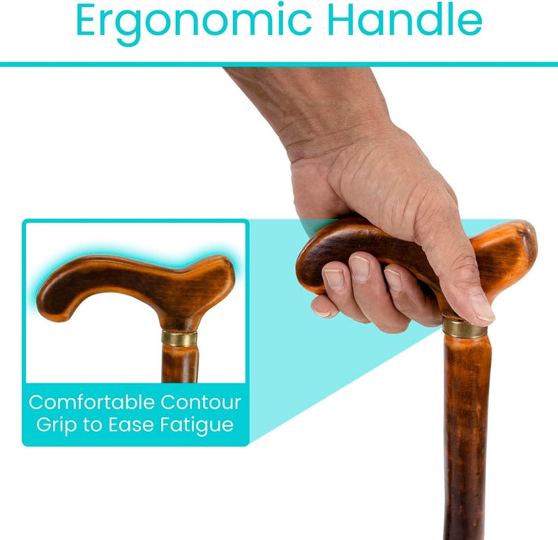 VIVE عصا مشي خشبية - للرجال والنساء وكبار السن - 36 بوصة نقطة واحدة طرف مطاطي مع مقبض صفصاف - قبضة مريحة للتوازن والثبات - منتج خفيف الوزن لمساعدة كبار السن - Image 4